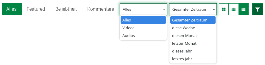 Menü zur Sortierung, Zeitfilter, Medientyp und Darstellung
